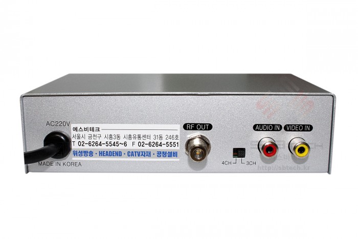 RF간이모듈레이터 JHM-3040 후면 사진  RF간이모듈레이터  채널 3 4번 간이모듈레이터  비디오레벨 조정 기능 추가  출력 80dB  sbtech.kr