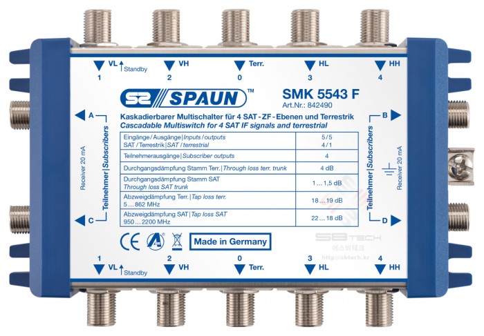 SMK 5543 F  Cascadable Multiswitch passive 5 in 4 out  SAT IF polarity selection is controlled by remote voltage and 22KHz tone pr…