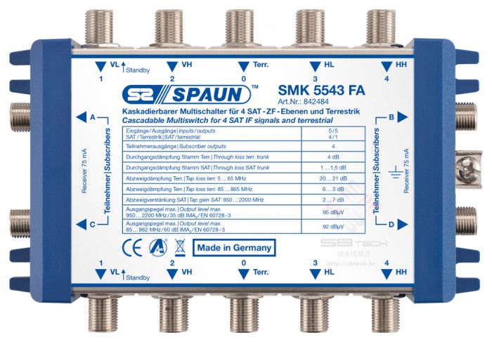 SMK 5543 FA  Cascadable Multiswitch active 5 in 4 out  Active terrestrial 85  862MHz passive return path  gain for SAT-IF  SAT IF …