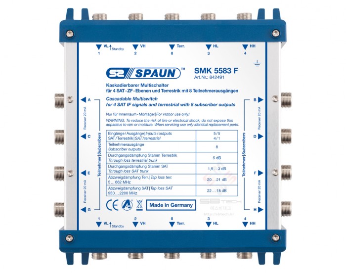 SMK 5583 F  Cascadable Multiswitch Passive 5 in 8 out  SAT IF polarity selection is controlled by remote voltage and 22KHz tone pr…