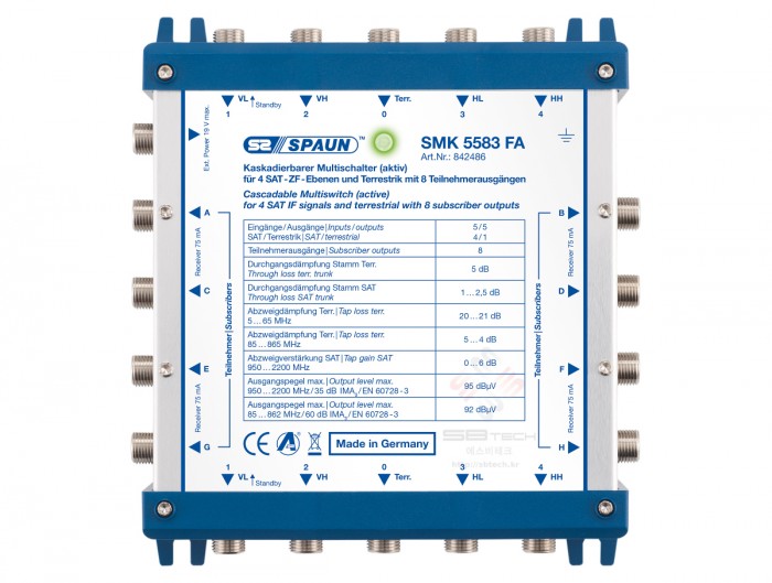 SMK 5583 FA  Cascadable Multiswitch active 5 in 4 out  Active terrestrial 85  862MHz passive return path  gain for SAT-IF  SAT IF …