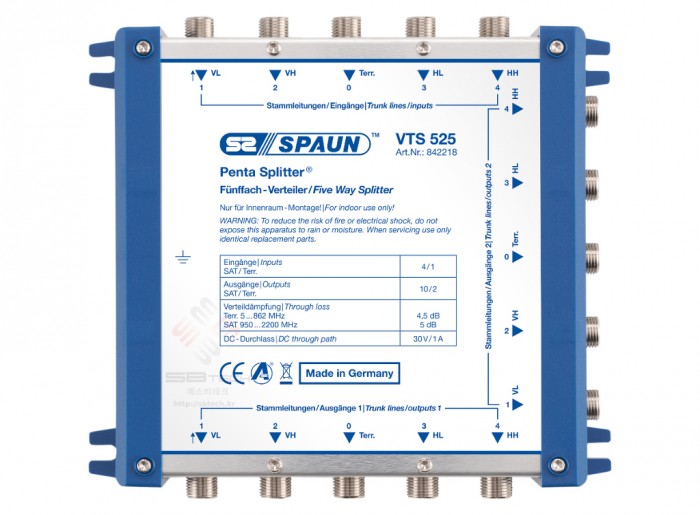 VTS 525  Penta Splitter  Five way  4 SAT-IF splitter  Used in large distribution networks with multiple supply lines  SPAUN  www.s…