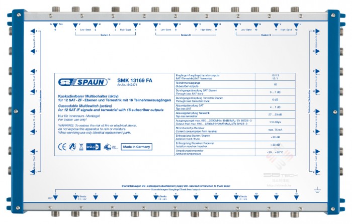 SMK 13169 FA  Premium Class  Cascadable Multiswitch Active for 12 SAT IF signals and terrestrial with 16 subscriber outputs  Only …